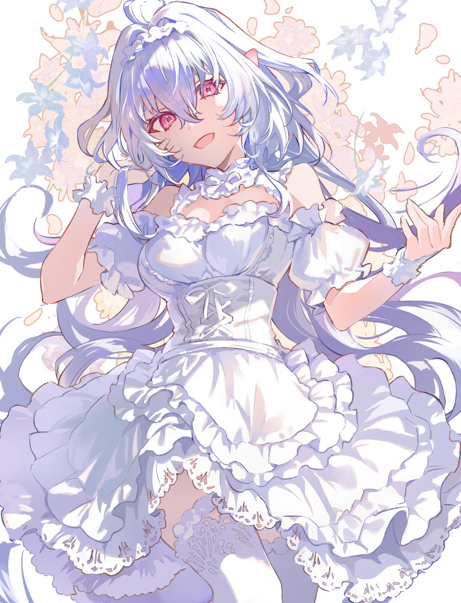 1girl ahoge bare_shoulders breasts cleavage_cutout clothing_cutout corset dirndl dress fate/grand_order fate_(series) frilled_hairband frills german_clothes hairband highres lady_avalon_(event_portrait)_(fate) lady_avalon_(fate) long_hair looking_at_viewer medium_breasts merlin_(fate/prototype) open_mouth pink_eyes pointy_ears poppoman scrunchie smile solo very_long_hair white_dress white_hair wrist_scrunchie