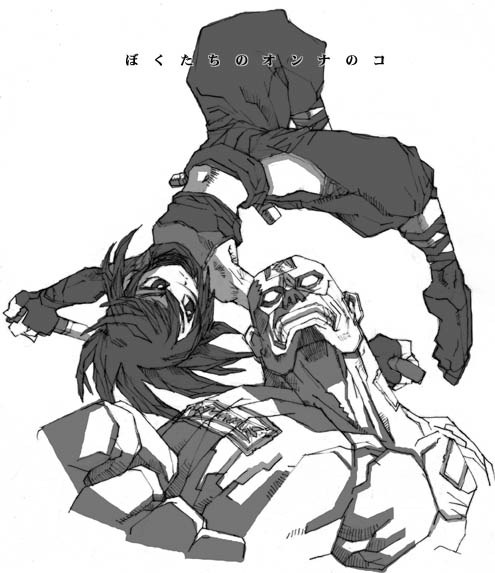 1girl ayame_(tenchuu) bare_shoulders black_hair dagger fighting greyscale hip_vent knife monochrome nakayama_tooru ninja peachclass tabi tenchuu weapon