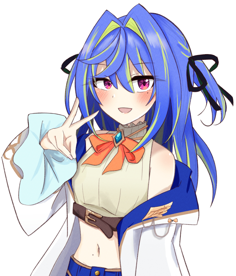 1girl :d belt black_ribbon blue_brooch blue_hair blue_skirt blush bow bowtie breasts brown_belt chest_belt coat commentary_request cowboy_shot crop_top fingernails frilled_sleeves frills green_hair grey_shirt hair_between_eyes hair_intakes hair_ribbon hiyoku_no_crosspiece long_bangs long_hair long_sleeves looking_at_viewer midriff mole mole_on_stomach mole_under_eye multicolored_hair nanashi_inc. navel open_clothes open_coat open_mouth orange_bow orange_bowtie pink_eyes ribbon salmon231 shirt simple_background skirt small_breasts smile solo striped_clothes striped_shirt suzumi_nemo suzumi_nemo_(1st_costume) two-tone_hair two_side_up v vertical-striped_clothes vertical-striped_shirt virtual_youtuber white_background white_coat