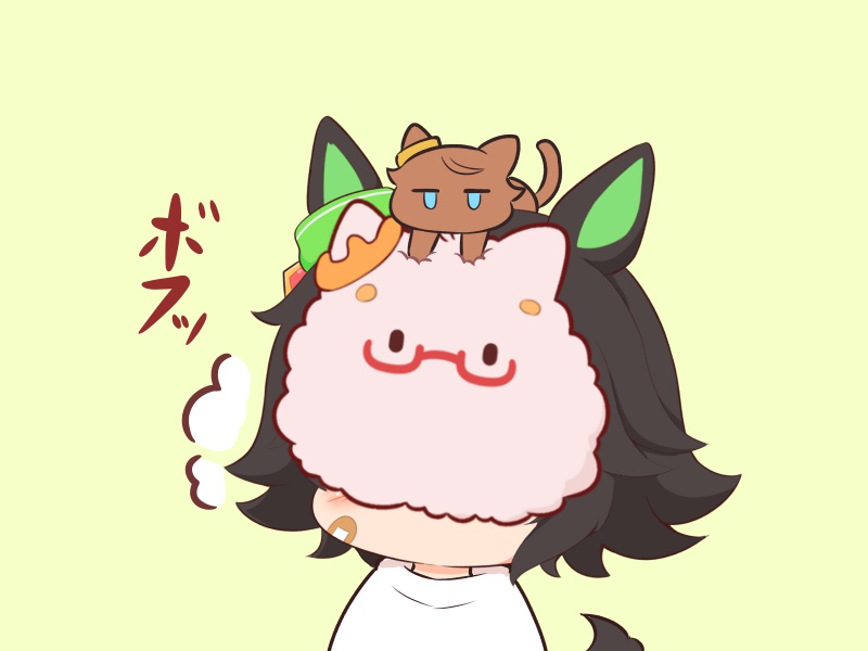 1girl animal animal_ears animal_on_head animalization bandaid bandaid_on_cheek bandaid_on_face biwa_hayahide_(umamusume) black_hair blush bow cat chibi chibi_only commentary_request ear_ribbon glasses gomashio_(goma_feet) green_ribbon horse_ears horse_girl horse_tail narita_taishin_(umamusume) on_head ribbon shirt short_hair simple_background tail umamusume upper_body white_shirt winning_ticket_(umamusume) yellow_background |_|