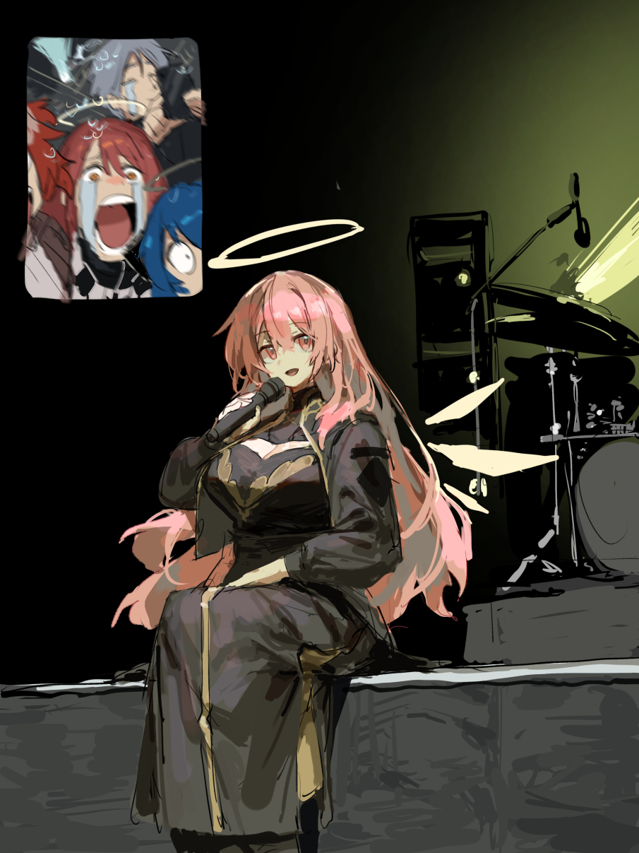 1boy 4girls alternate_breast_size andoain_(arknights) arknights black_jacket black_robe blue_hair breasts cleavage_cutout clothing_cutout concert crying drum drum_set energy_wings exusiai_(arknights) fan_screaming_at_madison_beer_(meme) feet_out_of_frame fiammetta_(arknights) halo highres holding holding_microphone instrument jacket large_breasts lemuen_(arknights) long_hair long_sleeves meme microphone mostima_(arknights) motion_blur multiple_girls music mutomorokoshi open_clothes open_jacket open_mouth pink_eyes pink_hair red_eyes red_hair robe singing sitting smile streaming_tears tears