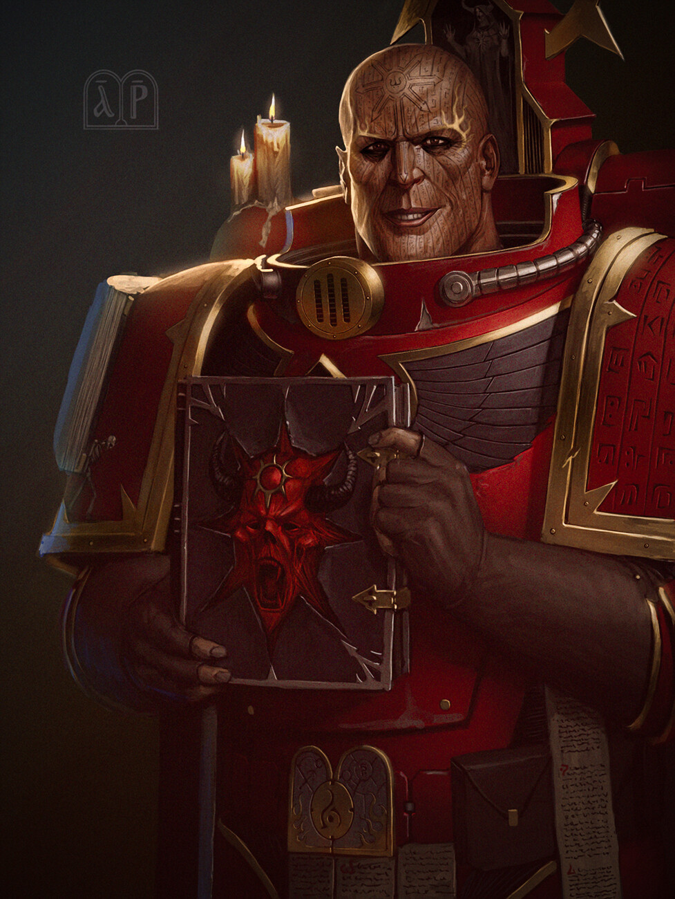 1boy adeptus_astartes arhpriest armor bald book brown_eyes candle chaos_(warhammer) chaos_space_marine chaplain cropped_legs demon erebus_(wh40k) evil_smile facial_tattoo fingerless_gloves gloves heresy hieroglyphics highres holding holding_book male_focus power_armor smile tattoo warhammer_40k word_bearers