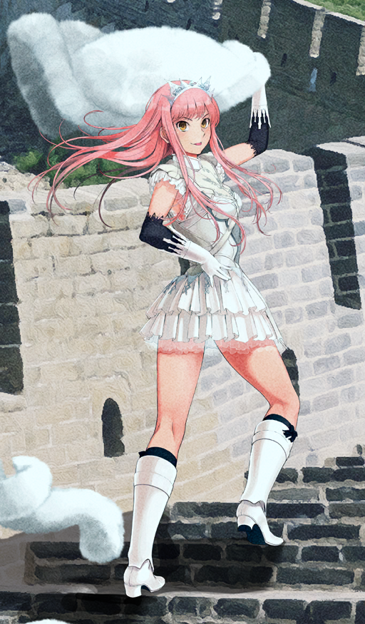 1girl arm_above_head black_sleeves black_socks boots breasts capelet commentary day detached_sleeves fate/grand_order fate_(series) floating_hair from_behind full_body fur_capelet gloves great_wall_of_china hand_on_own_hip high_heel_boots high_heels holding holding_unworn_clothes layered_skirt long_hair looking_at_viewer looking_back medb_(fate) medium_breasts muff official_art open_mouth orange_eyes outdoors photo_background pink_hair pleated_skirt shirt short_sleeves sidelocks skirt socks solo stairs standing sunlight takayama_kisai third-party_source tiara twisted_torso unworn_capelet white_boots white_gloves white_shirt white_skirt white_tiara