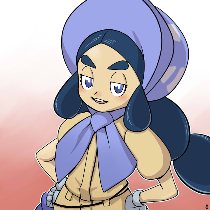 1girl :d black_hair blush bonnet bright_pupils dark-skinned_female dark_skin female_focus flat_chest game_freak gloves gradient_background half-closed_eyes hands_on_own_hips hapu_(pokemon) image_sample island_kahuna long_hair looking_at_viewer naver_sample nintendo nutkingcall open_mouth outline parted_bangs pokemon pokemon_sm purple_eyes short_sleeves sidelocks smile solo teeth thick_eyebrows white_gloves white_outline white_pupils