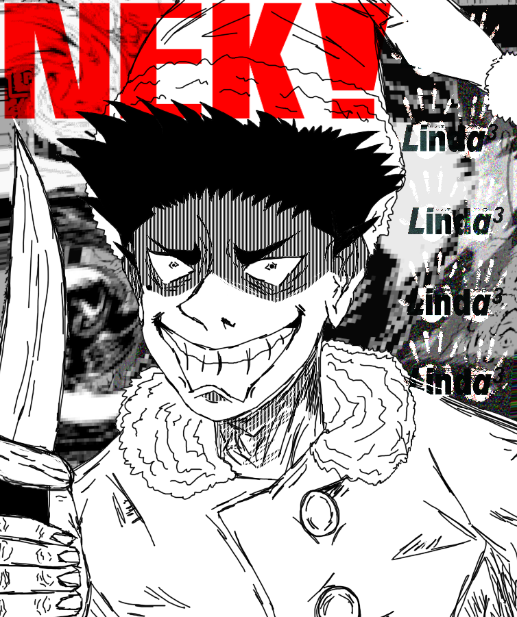 1boy ashleyy69 copyright_name crazy_smile evil_grin evil_smile greyscale grin hat holding holding_knife knife linda_cube mole mole_under_eye monochrome neku_(linda_cube) santa_costume santa_hat self-upload smile solo