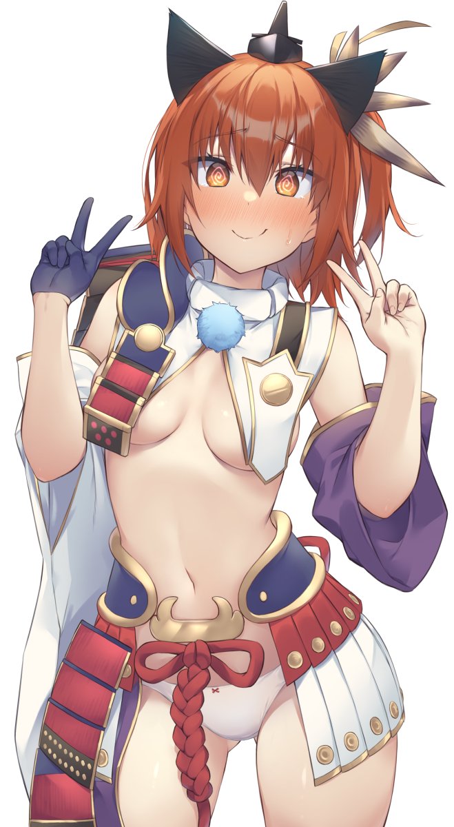 1girl @_@ armor black_gloves blush breast_curtains breasts brown_eyes brown_hair cosplay cowboy_shot double_v fate/grand_order fate_(series) fujimaru_ritsuka_(female) full-face_blush gloves hair_between_eyes hair_ornament highres japanese_armor kusazuri long_hair looking_at_viewer medium_breasts midriff navel panties pinta_(ayashii_bochi) revealing_clothes side_ponytail single_glove solo sweatdrop underwear ushiwakamaru_(fate) ushiwakamaru_(fate)_(cosplay) v white_background white_panties