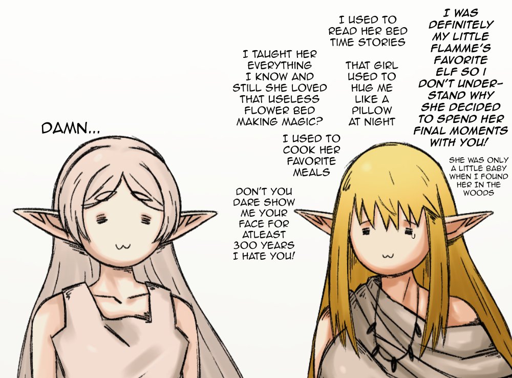 2girls =w=_face basedlida blonde_hair elf english_text feet_out_of_frame frieren jewelry long_hair multiple_girls necklace pointy_ears serie_(sousou_no_frieren) simple_background sousou_no_frieren talking tears thick_eyebrows toga upper_body white_background white_hair