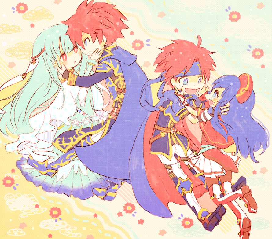 2boys 2girls aqua_hair armor armored_boots belt blue_eyes blue_hair blush boots bracelet cape capelet chibi couple dress eliwood_(fire_emblem) face-to-face father_and_son fingerless_gloves fire_emblem fire_emblem:_the_binding_blade fire_emblem:_the_blazing_blade flower gloves hair_ornament hand_on_another&#039;s_cheek hand_on_another&#039;s_face hat headband hetero jewelry kappaman lilina_(fire_emblem) long_hair long_sleeves mother_and_son multiple_boys multiple_girls ninian_(fire_emblem) nintendo open_mouth red_eyes red_hair robe roy_(fire_emblem) shoes short_sleeves skirt smile spiked_hair traditional_media