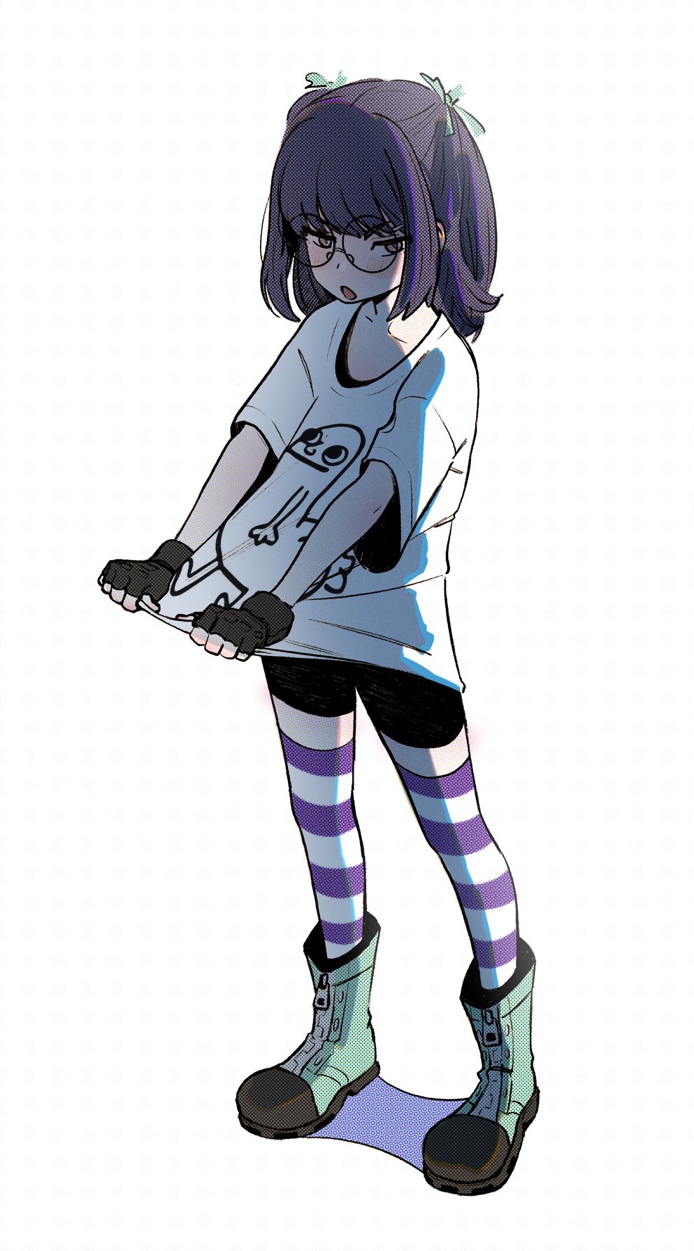 1girl bike_shorts black_gloves black_shorts blush boots dickbutt fingerless_gloves full_body glasses gloves green_boots highres medium_hair meme open_mouth purple_hair round_eyewear shin_subarashiki_kono_sekai shirt shorts simple_background solo spaghetto087 striped_clothes striped_thighhighs subarashiki_kono_sekai t-shirt thighhighs usui_nagi white_background white_shirt zipper