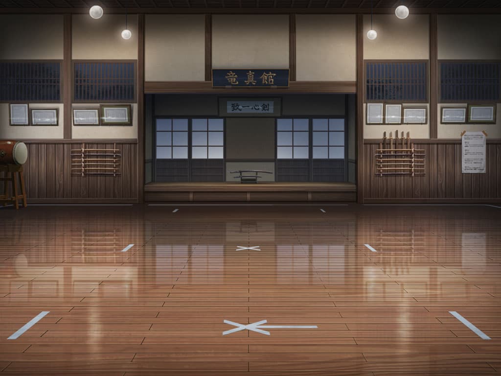 artist_request bokken ceiling_light dojo drum game_cg indoors instrument japanese_text katana magia_record:_mahou_shoujo_madoka_magica_gaiden mahou_shoujo_madoka_magica night night_sky no_humans official_art reflection reflective_floor shouji sign sky sliding_doors sword taiko_drum tape tree wakazashi weapon window wooden_floor wooden_sword wooden_wall