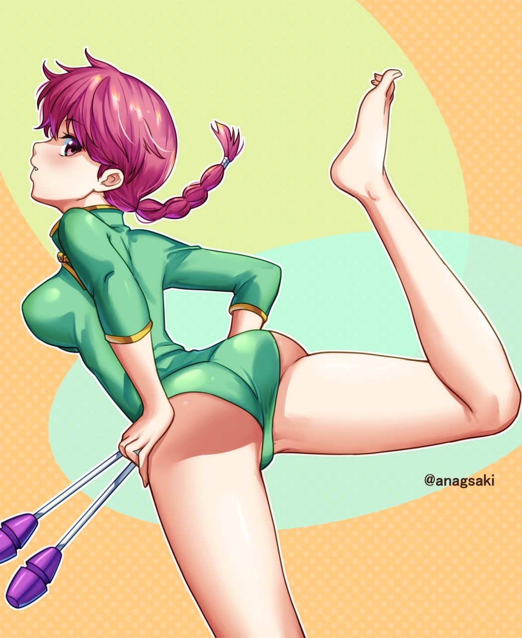 1girl aona_(anagasaki) ass athletic_leotard barefoot braid braided_ponytail breasts chinese_clothes cowboy_shot from_behind green_leotard highres juggling_club large_breasts leaning_forward leotard long_hair looking_at_viewer ranma-chan ranma_1/2 red_hair saotome_ranma single_braid solo twitter_username