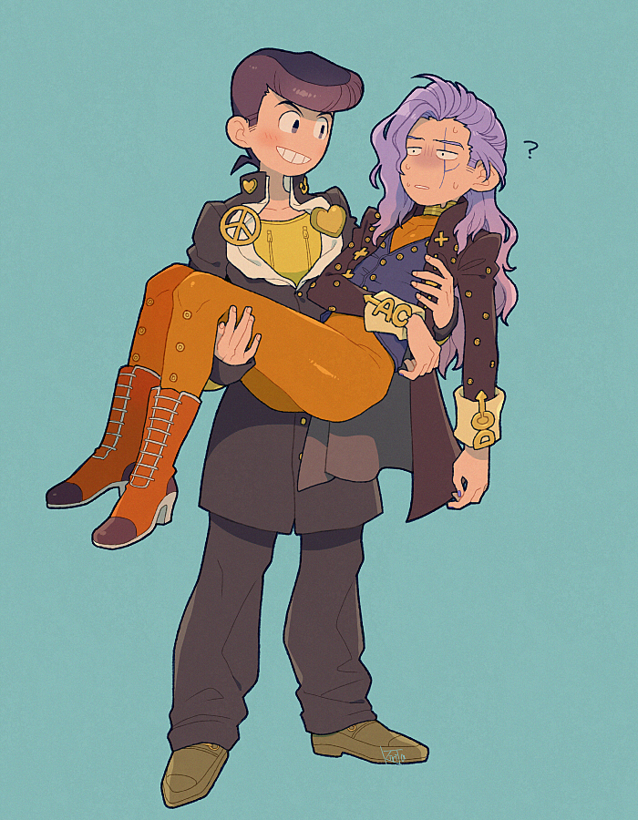 2boys ? anchor_symbol black_hair boots carrying gakuran grin heart higashikata_josuke high_heel_boots high_heels jacket jojo_no_kimyou_na_bouken kiri_futoshi long_hair male_focus multiple_boys orange_boots otoishi_akira peace_symbol pin pompadour princess_carry purple_hair scar scar_across_eye scar_on_face school_uniform signature smile sweat zipper