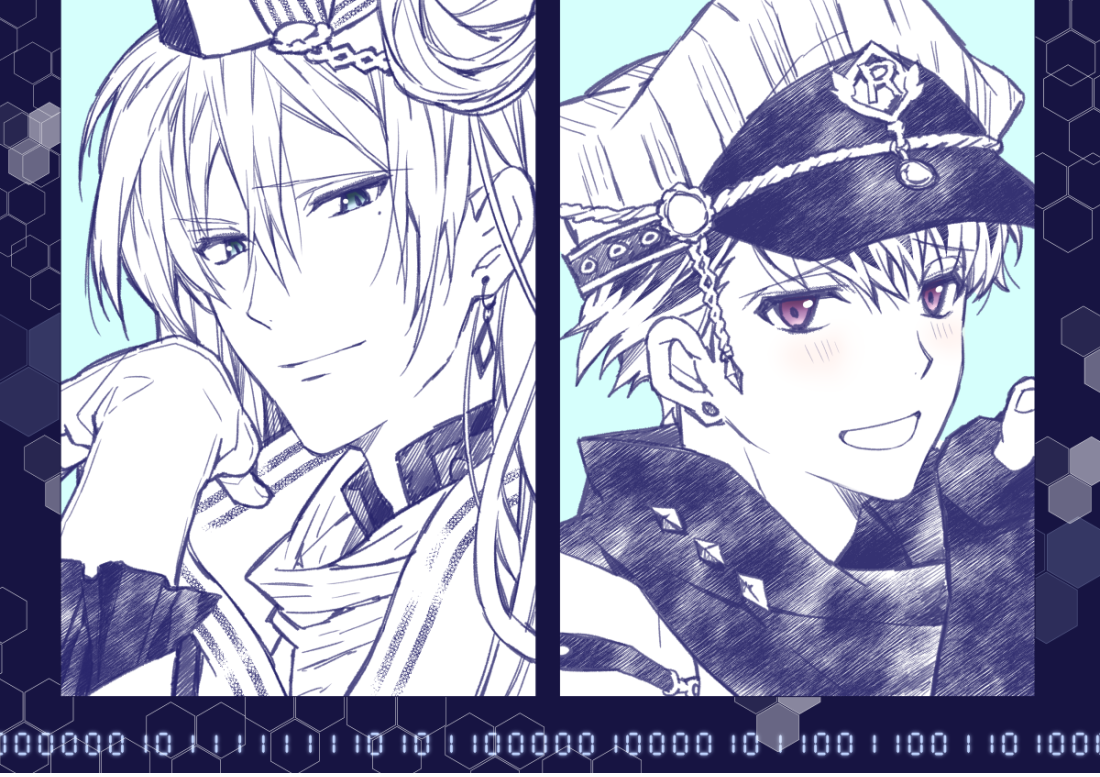 2boys aqua_eyes arm_belt arm_warmers binary blue_background blue_theme cabbie_hat closed_mouth collared_shirt commentary_request diamond_earrings earrings fingernails hair_between_eyes hand_in_own_hair hand_up happy hat high_collar idol idolish7 jewelry light_blush long_hair male_focus military_hat mole mole_under_eye momo_(idolish7) monochrome multiple_boys open_mouth purple_eyes scarf shirt smile spot_color stud_earrings tanemura_arina upper_body yuki_(idolish7)