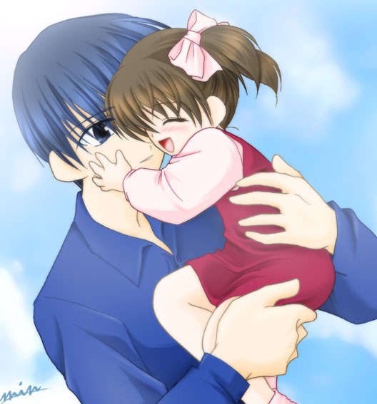 1boy 1girl blue_eyes blue_hair blush bow brown_hair carrying child child_carry day dress ever_17 closed_eyes father_and_daughter hair_bow holding hug kuranari_takeshi matsunaga_sara min pink_bow short_hair short_twintails signature sky smile twintails