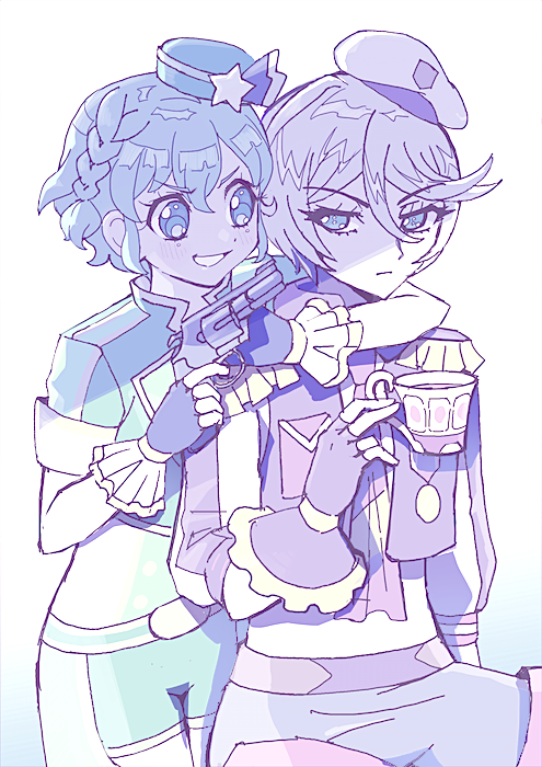 2girls androgynous annoyed arm_around_neck bad_id bad_twitter_id blue_eyes blue_hair closed_mouth cowboy_shot cropped_jacket cup dorothy_west fingerless_gloves gloves gun_to_head hair_between_eyes hat holding holding_cup long_sleeves looking_at_another mdr_onj1807 mini_hat multiple_girls open_mouth pants partially_colored pretty_series pripara shikyoin_hibiki short_hair sitting smile star_(symbol) teacup white_background