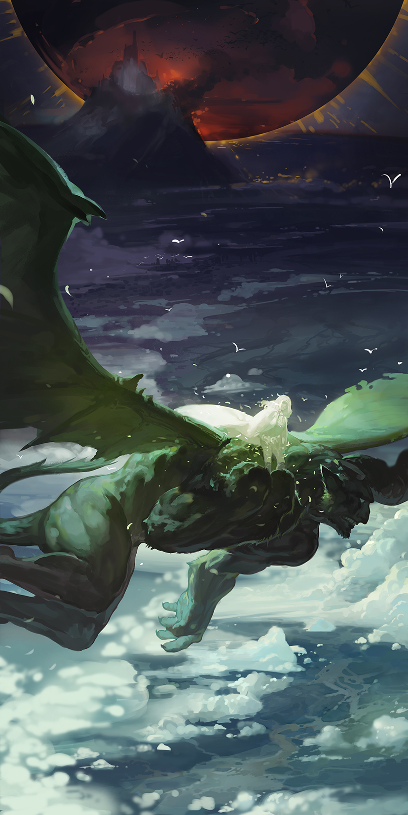 1990s_(style) 2boys armor berserk cloud flying griffith_(berserk) hakusensha highres hunsay long_hair monster multiple_boys outdoors scenery silver_hair wings zodd_(berserk)