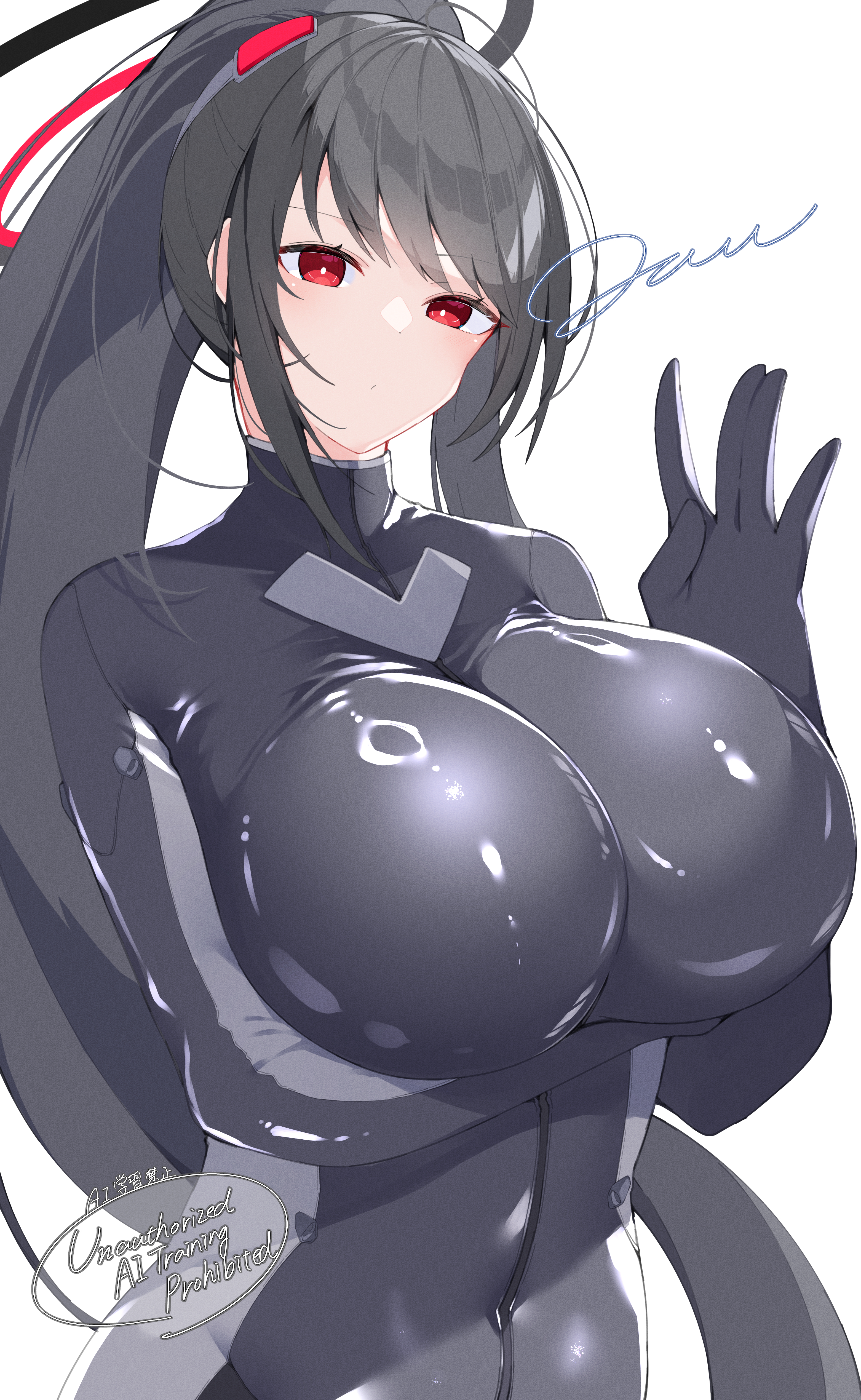 1girl absurdres arm_under_breasts black_bodysuit black_hair blue_archive bodysuit breasts closed_mouth covered_navel highres huge_breasts impossible_bodysuit impossible_clothes jam_(jamjam777) long_hair official_alternate_costume official_alternate_hairstyle ponytail red_eyes rio_(blue_archive) rio_(bodysuit)_(blue_archive) sidelocks solo