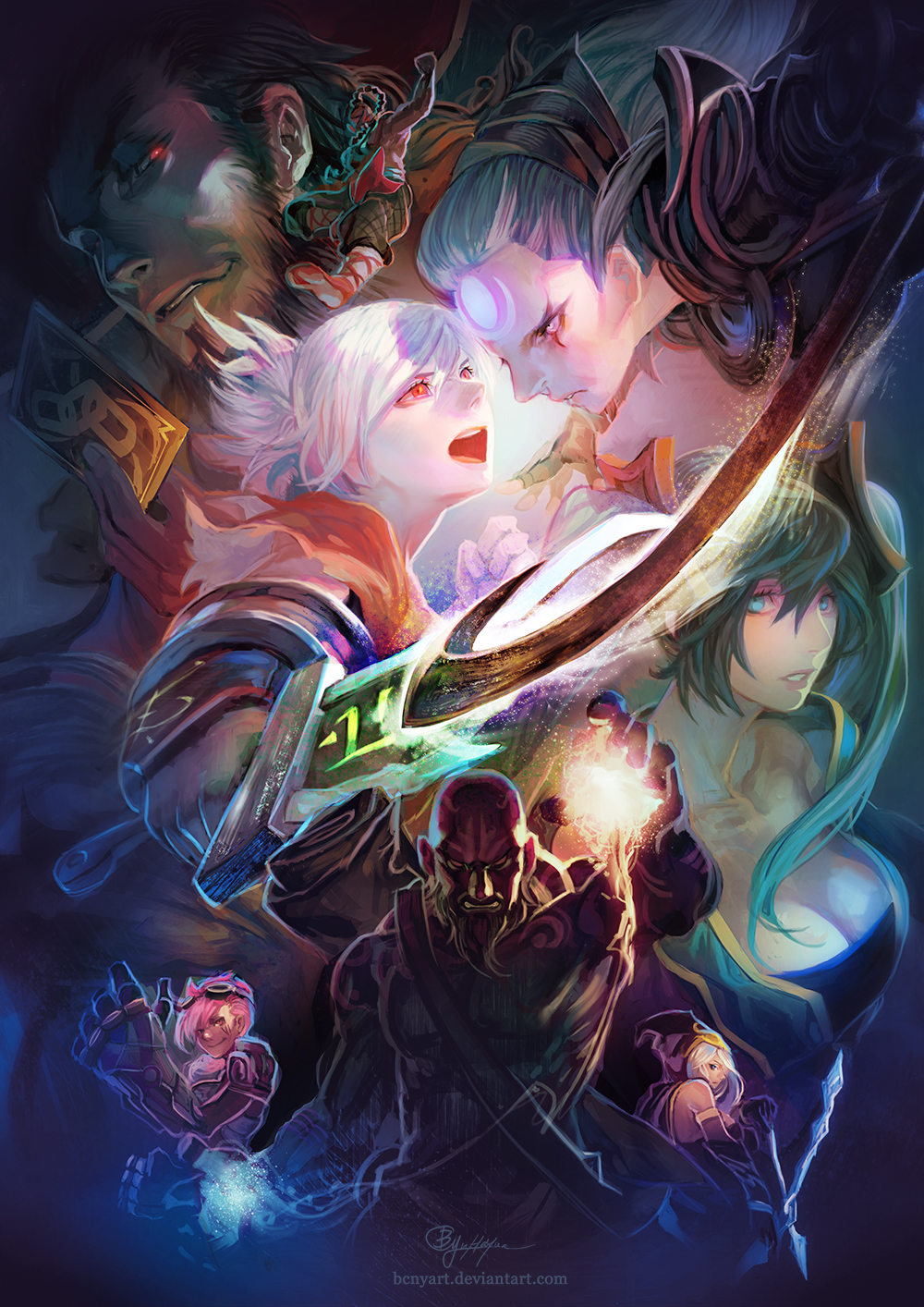 2boys 5girls ashe_(league_of_legends) b.c.n.y. beard blue_hair breasts card cleavage diana_(league_of_legends) facial_hair hat highres league_of_legends lee_sin long_hair multiple_boys multiple_girls pink_hair power_glove red_eyes riven_(league_of_legends) ryze short_hair sona_(league_of_legends) sword tattoo twisted_fate vi_(league_of_legends) weapon white_hair