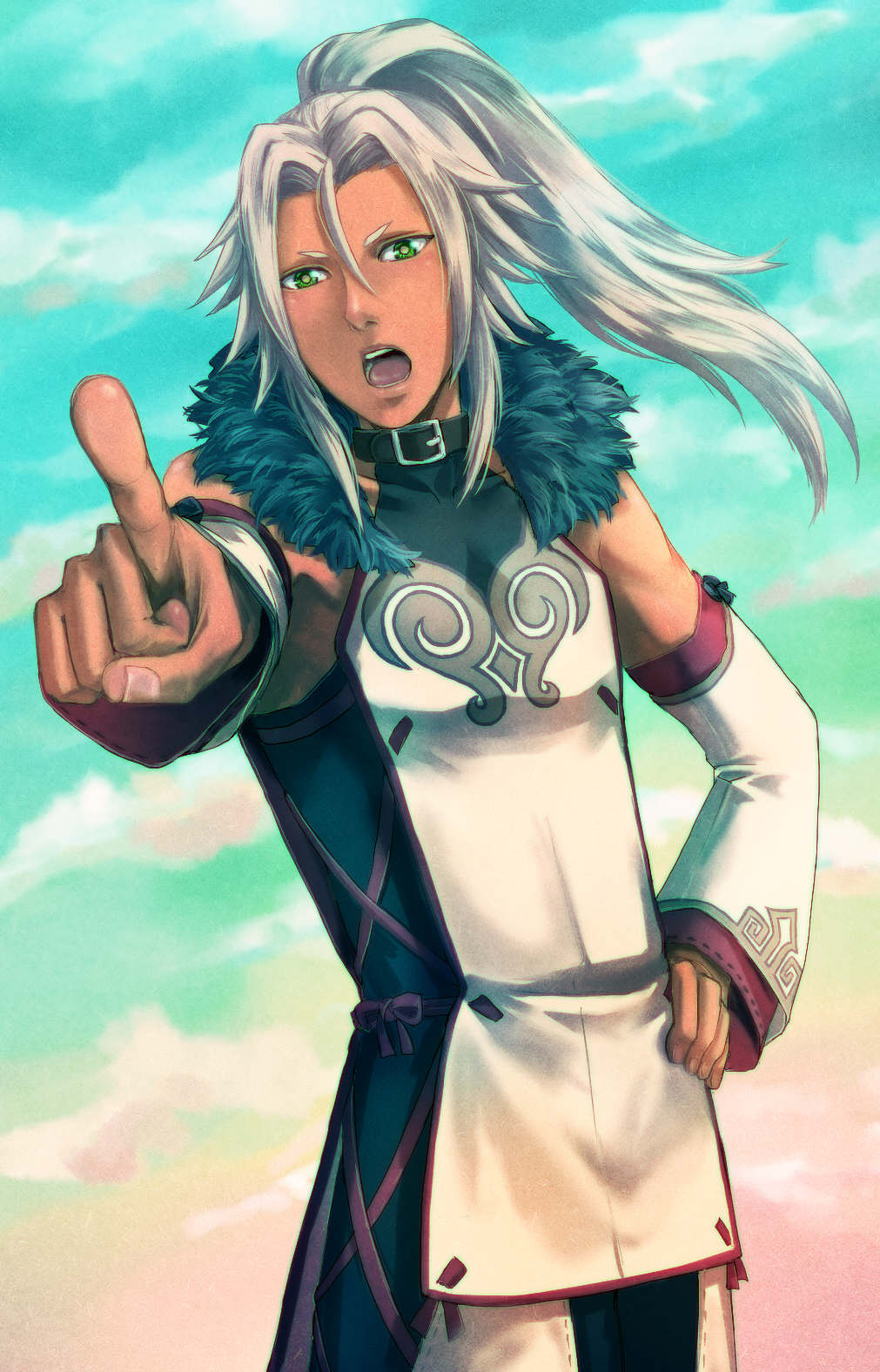 1boy :o coat detached_sleeves foreshortening green_eyes hand_on_own_hip highres hip_focus ivar_(tales) jarako_(gaillardia) long_hair male_focus open_mouth parted_bangs pointing ponytail sky solo tales_of_(series) tales_of_xillia white_hair