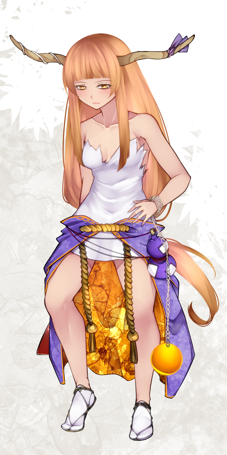 1girl alcohol aoshima blonde_hair breasts chain cleavage cuffs dress gourd highres horn_ornament horn_ribbon horns ibuki_suika long_hair medium_breasts oni oni_horns ribbon sake sandals shackles sleeveless sleeveless_dress solo tabi touhou yellow_eyes