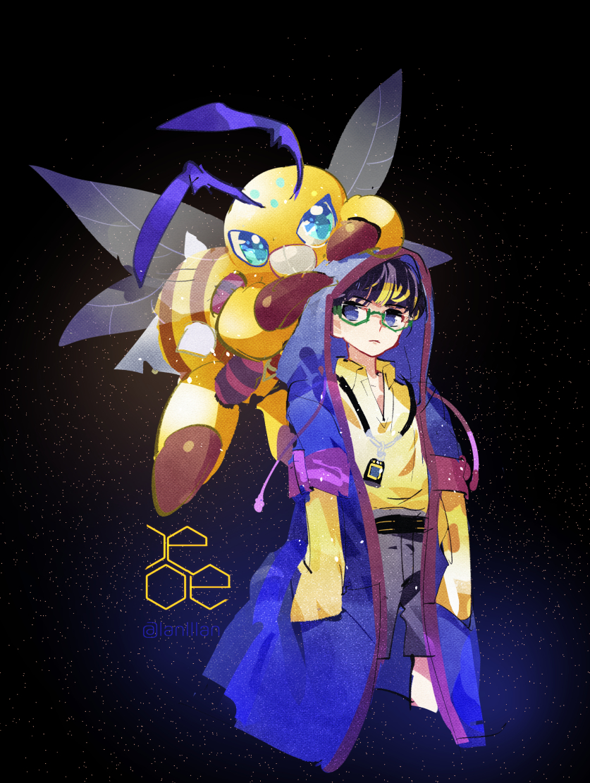 1boy bee black_background black_hair blonde_hair blue_coat blue_eyes brown_shorts bug coat collared_shirt colored_skin digimon digimon_(creature) digimon_(virtual_pet) digimon_liberator funbeemon hands_in_pockets hood hooded_coat insect insect_wings jewelry lanlllan multicolored_hair multiple_wings on_head pendant shirt short_hair shorts twitter_username two-tone_hair virtual_pet_(toy) wings winr yellow_shirt yellow_skin
