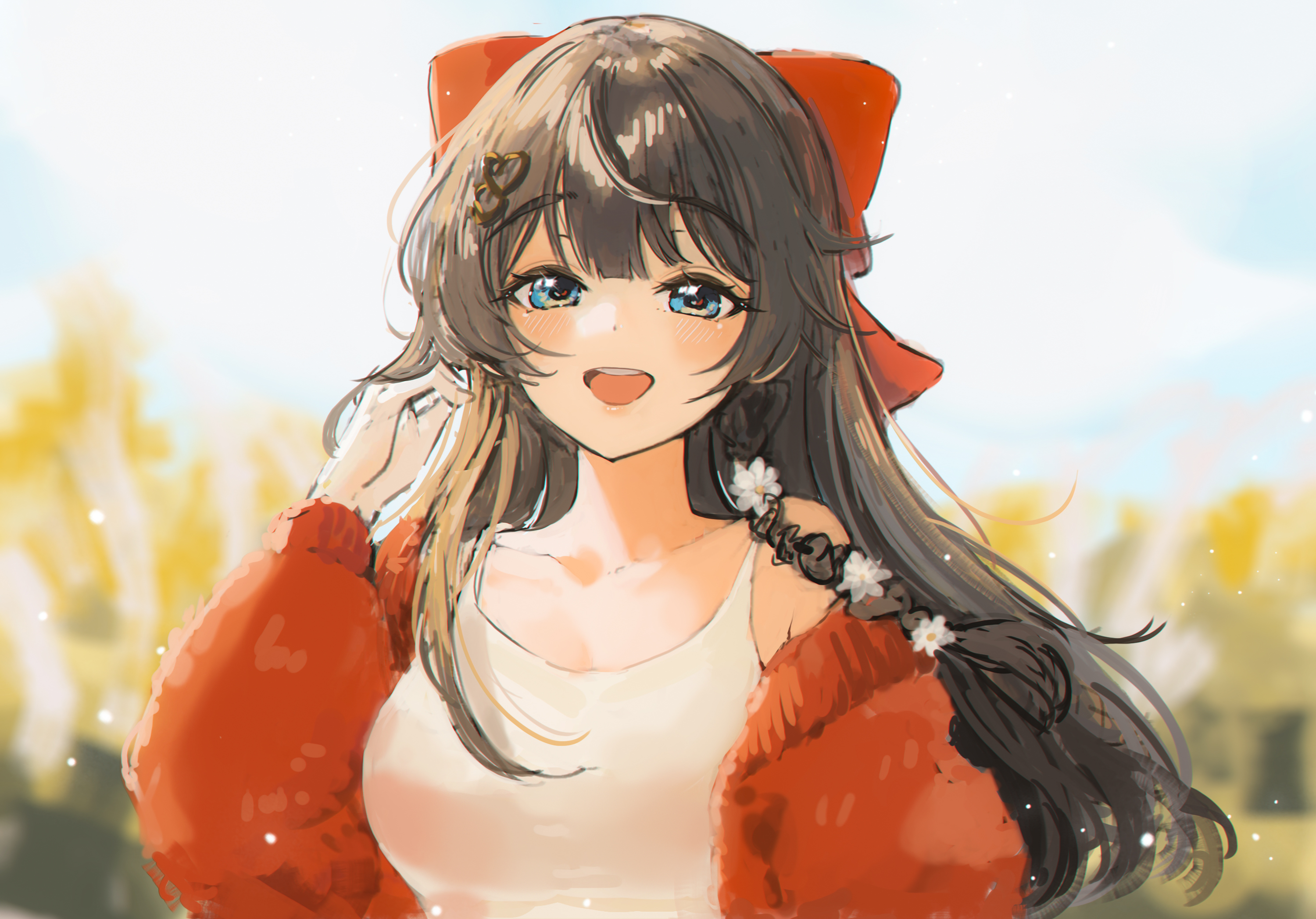 1girl bare_shoulders bbeedol black_hair blue_eyes blurry blurry_background bow hair_bow hand_up highres jacket long_hair looking_at_viewer off_shoulder open_mouth red_jacket shirayuki_hina shirt sleeveless sleeveless_shirt smile solo stellive upper_body virtual_youtuber white_shirt