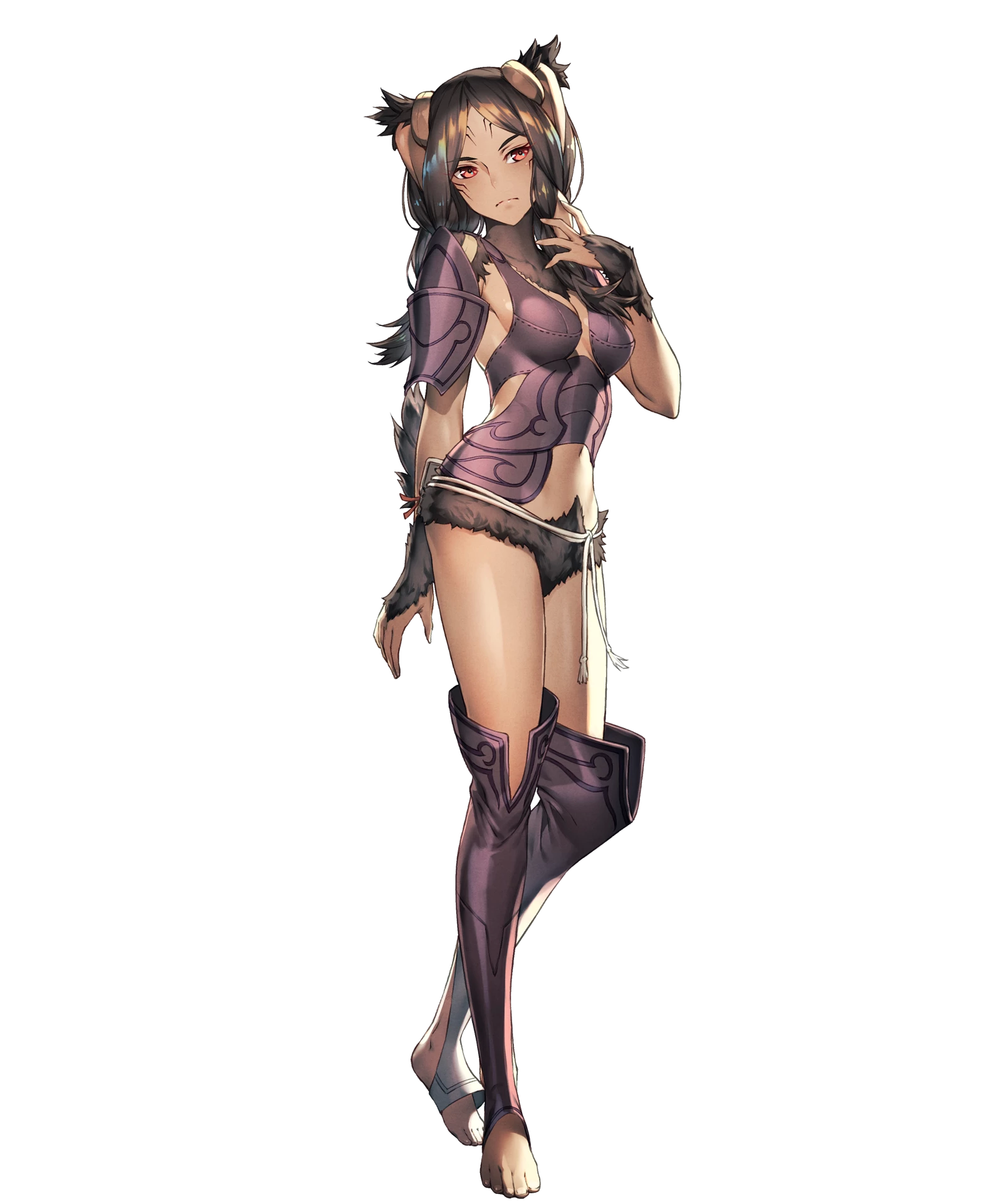 1girl animal_ears armor braid brown_hair chyko dark-skinned_female dark_skin facial_mark female_focus fire_emblem fire_emblem_awakening fire_emblem_heroes full_body highres long_hair nintendo official_art panne_(fire_emblem) pouch rabbit_ears rabbit_girl rabbit_tail red_eyes solo standing taguel tail toeless_legwear transparent_background twin_braids