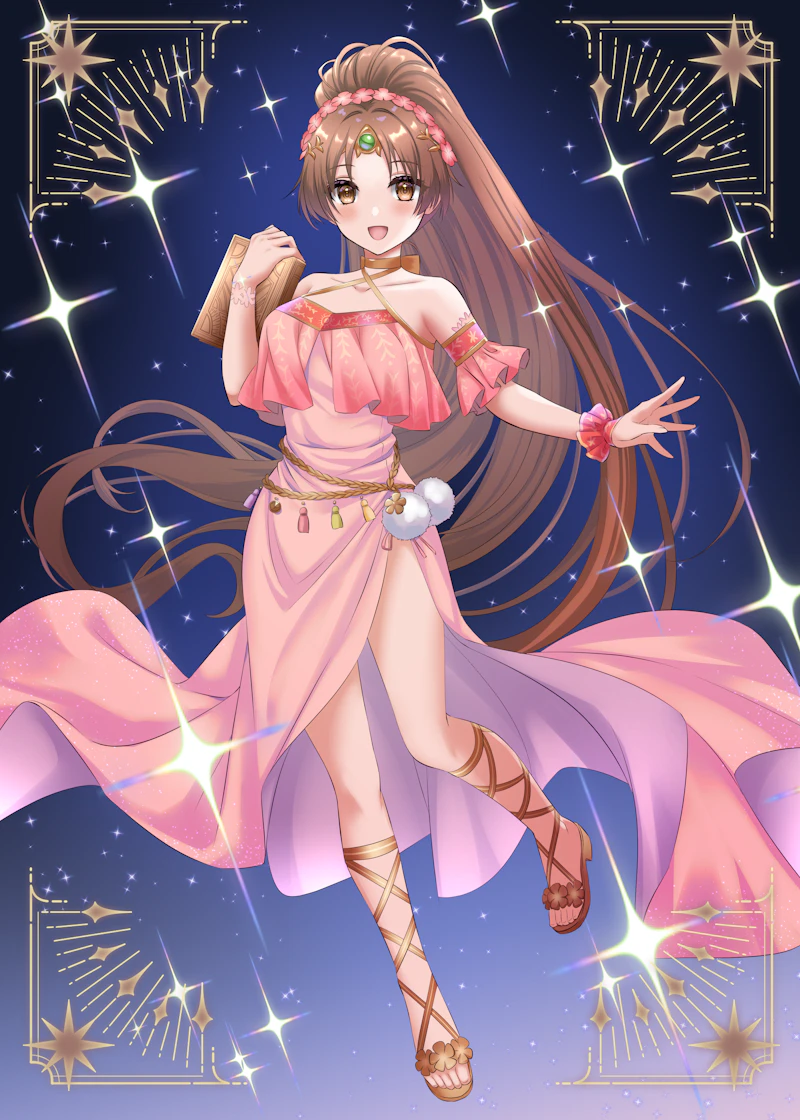 1girl bare_shoulders blue_background book breasts brown_eyes brown_hair circlet criss-cross_halter dark_background dress fire fire_emblem fire_emblem:_mystery_of_the_emblem fire_emblem:_shadow_dragon_and_the_blade_of_light flower full_body glitter hair_flower hair_flower_band hair_ornament halter_dress halterneck holding holding_book kakiko210 linde_(fire_emblem) long_hair looking_at_viewer medium_breasts night nintendo open_mouth pink_dress pom_pom_(clothes) ponytail sandals smile solo toes very_long_hair