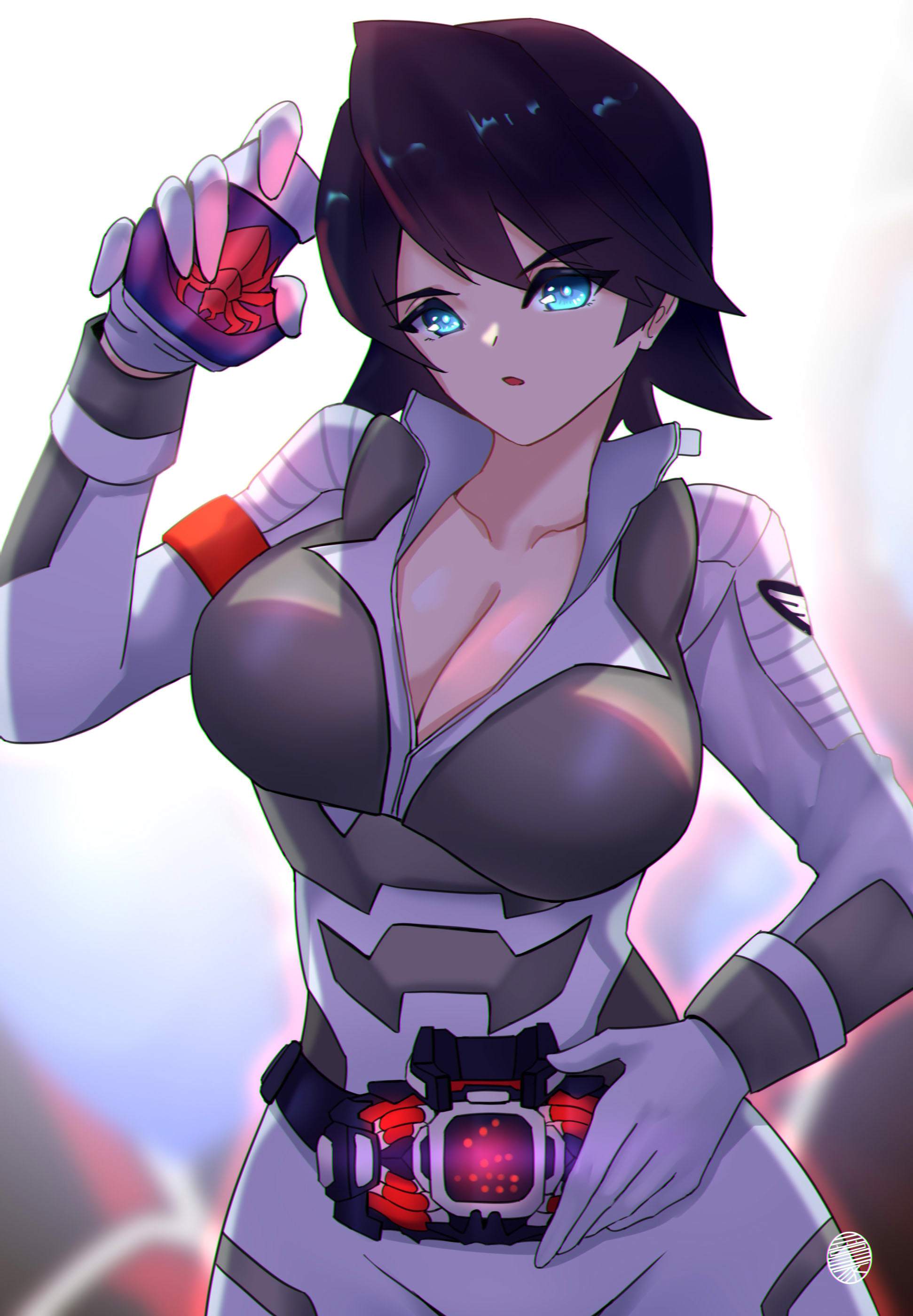 1girl :o absurdres armband blue_eyes breasts cleavage demons_driver fenix_uniform genderswap genderswap_(mtf) gloves glowing henshin highres jrpulse kadota_hiromi kamen_rider kamen_rider_revice large_breasts military spider_genome thighs tokusatsu transformation vistamp white_gloves