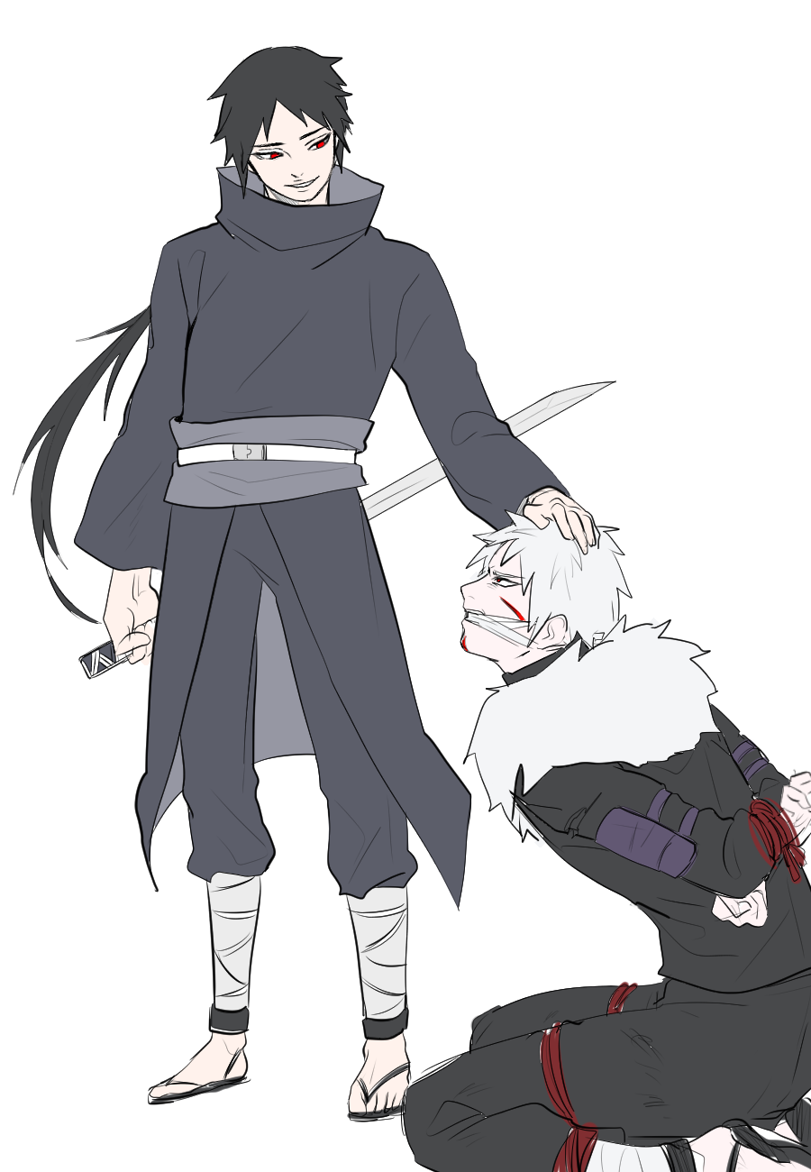 2boys angry arms_behind_back bandage_on_leg belt black_hair bound bound_arms bound_legs covered_mouth facial_mark full_body fur_collar grey_kimono grey_pants hand_on_another&#039;s_head highres holding holding_behind_back holding_sword holding_sword_behind_back holding_weapon holding_weapon_behind_back japanese_clothes kimono looking_at_another male_focus multiple_boys naruto_(series) naruto_shippuuden pants ponytail qjqjqjql red_eyes seiza senju_tobirama short_hair short_hair_with_long_locks simple_background sitting smirk standing sword tied_up_(nonsexual) uchiha_izuna weapon white_background white_belt white_hair