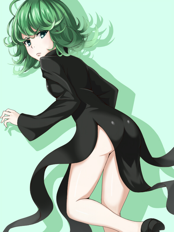 1girl ass black_dress curly_hair dress female_focus from_behind frown green_eyes green_hair heikichi leaning_forward looking_back matching_hair/eyes one-punch_man short_hair solo tatsumaki