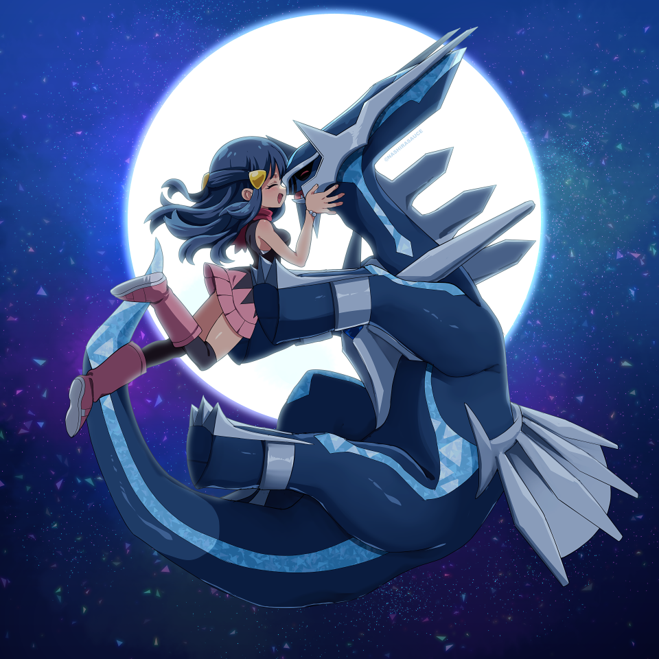 1girl affectionate black_hair black_shirt black_thighhighs boots bracelet commentary_request dawn_(pokemon) dialga from_side game_freak gen_4_pokemon hair_ornament hairclip jewelry legendary_pokemon long_hair moon nashirasauce night nintendo outdoors over-kneehighs pink_boots pink_skirt pokemon pokemon_(creature) pokemon_dppt red_scarf scarf shirt sidelocks skirt sky sleeveless sleeveless_shirt thighhighs