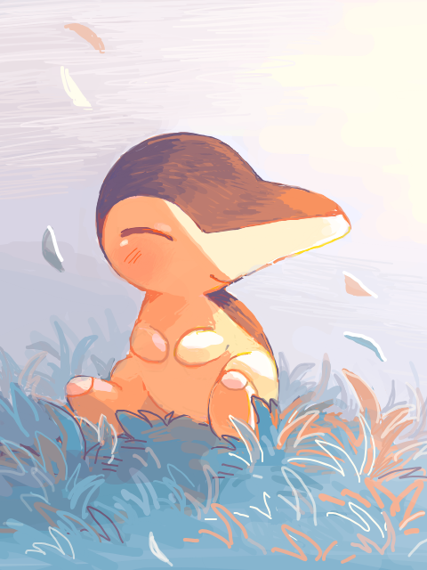 ^_^ closed_eyes closed_mouth cyndaquil day falling_leaves gen_2_pokemon hands_on_own_chest happy leaf light_blush light_smile looking_to_the_side nintendo no_fire no_humans oekaki on_grass on_ground outdoors pokemon pokemon_(creature) pokemon_focus sitting smile solo sunlight tansho tegaki turning_head water wind