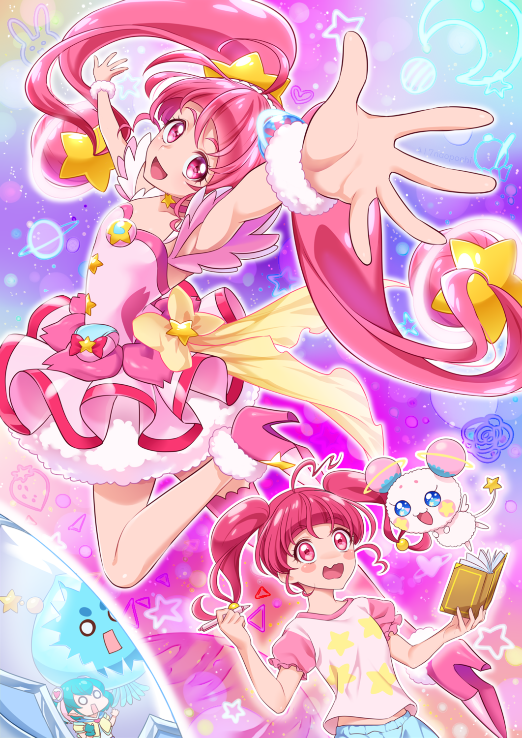 0417nao 3girls :d :o against_glass ahoge aqua_hair arm_up back_bow blunt_bangs blush book bow choker creature cure_star dress dual_persona dutch_angle female_focus floating_hair from_above full_body fuwa_(precure) hagoromo_lala hair_ornament hands_up high_heels highres holding holding_book holding_pen hoshina_hikaru jewelry leg_up long_hair looking_at_another looking_at_viewer looking_up magical_girl multicolored_background multiple_girls neck necklace o_o off-shoulder_dress off_shoulder open_mouth outstretched_arms pen petticoat pink_choker pink_dress pink_eyes pink_hair pink_legwear pink_shirt pink_shoes precure prunce_(precure) raglan_sleeves shirt shoes short_hair short_sleeves single_thighhigh smile spread_arms star_(symbol) star_hair_ornament star_necklace star_print star_twinkle_precure surprised thighhighs twintails upper_body very_long_hair wavy_mouth wrist_cuffs yellow_bow