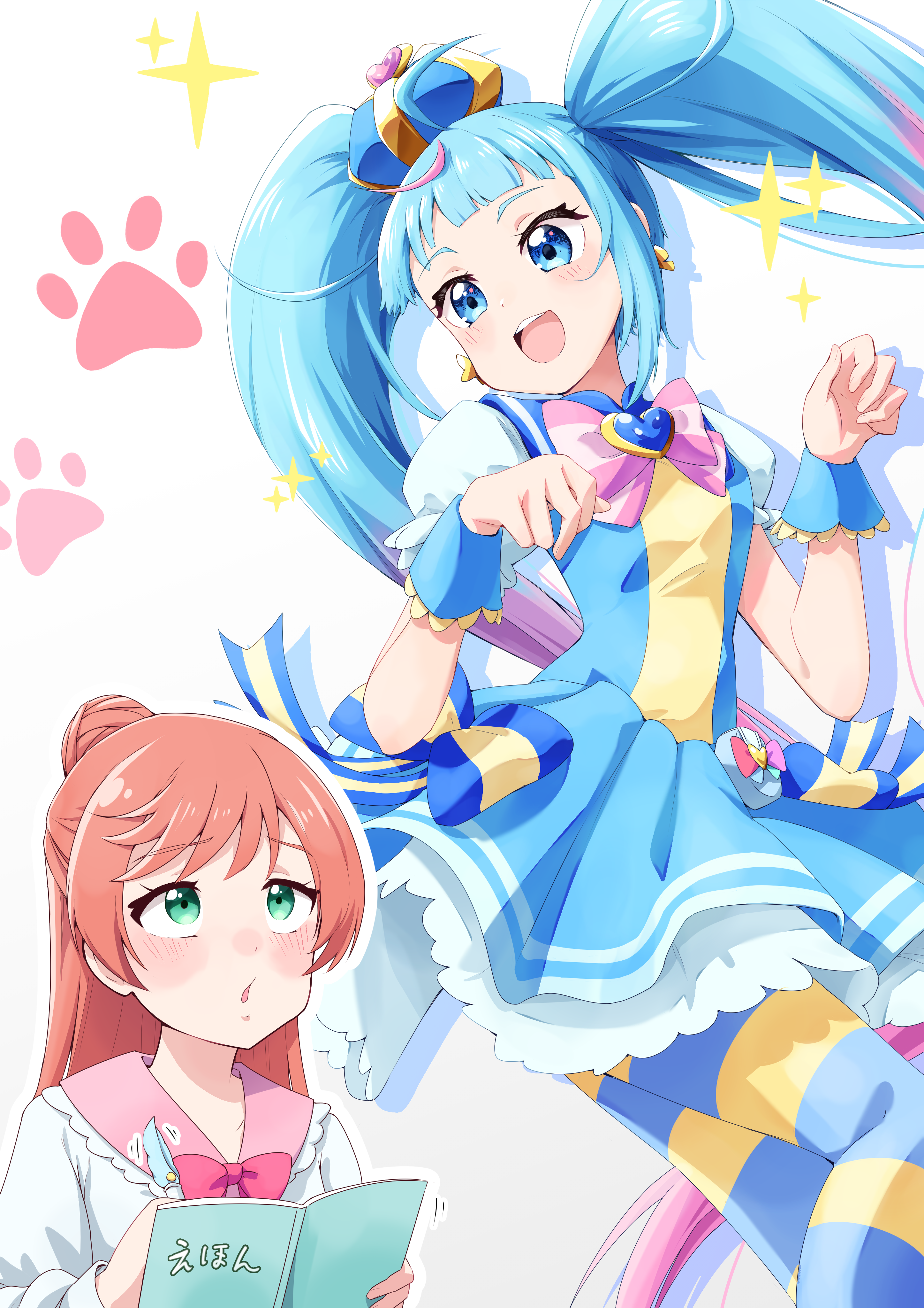 2girls absurdres arched_crown blue_bow blue_crown blue_dress blue_eyes blue_hair blue_pantyhose blush book bow bowtie brooch commentary cosplay crown cure_sky cure_wonderful cure_wonderful_(cosplay) cut_bangs dress dress_bow earrings gradient_hair green_eyes hair_bun heart heart_brooch highres hirogaru_sky!_precure holding holding_book holding_pen in-franchise_crossover inukai_komugi jewelry keijirou_(mukunozaltusou) long_hair long_sleeves looking_at_another looking_to_the_side medium_dress mini_crown mirage_pen motion_lines multicolored_hair multiple_girls nijigaoka_mashiro open_mouth pantyhose paw_pose paw_print pen pink_bow pink_bowtie pink_hair pouch precure puffy_short_sleeves puffy_sleeves short_sleeves single_hair_bun single_side_bun smile sora_harewataru sparkle standing striped_clothes striped_pantyhose tilted_headwear twintails very_long_hair white_dress wonderful_precure! wrist_cuffs writing yellow_pantyhose