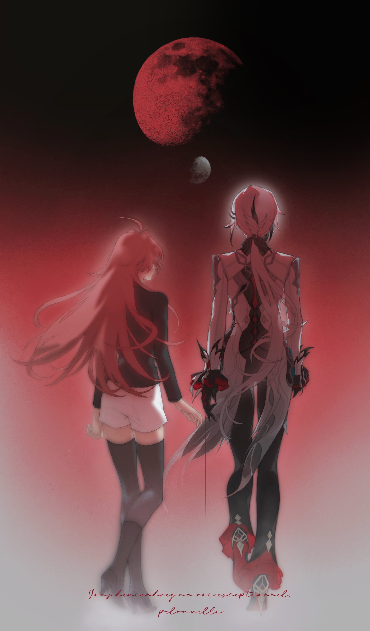 2girls absurdres ahoge arlecchino_(genshin_impact) back black_bow black_footwear black_jacket black_pants black_thighhighs blurry blurry_foreground bow chinese_commentary clervie_(genshin_impact) collared_jacket colored_skin couple cursive fingernails frilled_pants frills from_behind genshin_impact gradient_background grey_hair grey_jacket hair_bow high_heels highres huge_ahoge jacket long_hair long_sleeves low_ponytail moon multicolored_background multicolored_hair multicolored_skin multiple_girls pants pink_hair ponytail red_background red_moon sharp_fingernails short_shorts shorts standing streaked_hair suit_jacket thighhighs two-tone_hair two-tone_skin white_shorts xinjinjumin622842979226 yuri