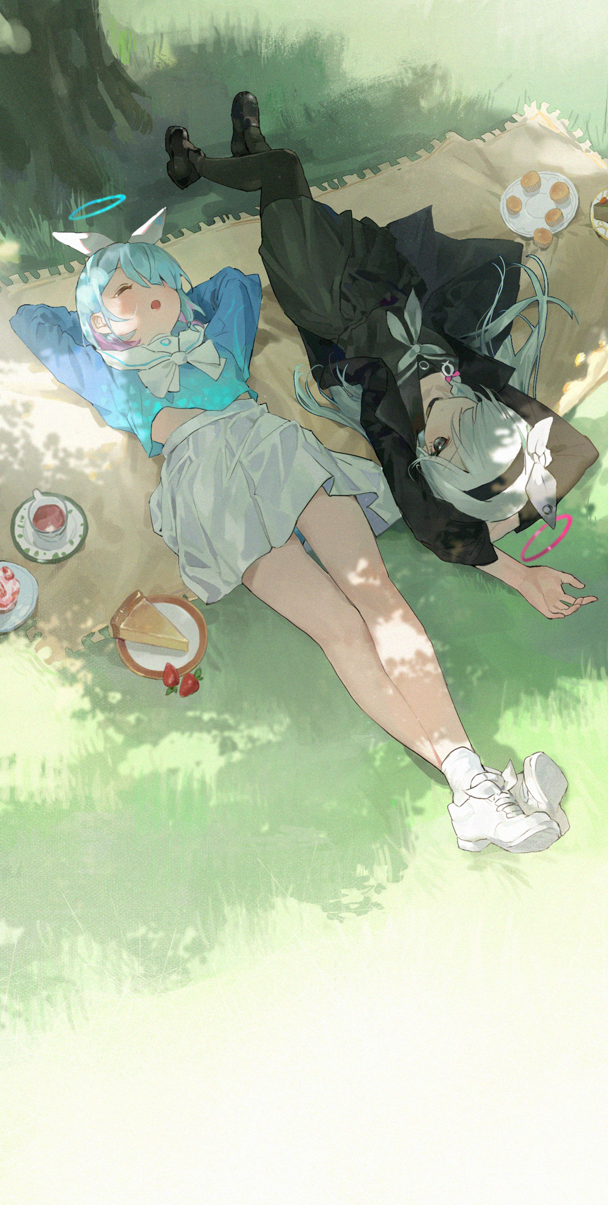 2girls ^_^ absurdres arms_behind_head arona_(blue_archive) bare_legs black_choker black_hairband black_pantyhose black_serafuku black_tea blue_archive blue_hair blue_shirt blush choker closed_eyes cup grass grey_hair hair_over_one_eye hairband halo highres looking_at_viewer lying midriff_peek monky multicolored_hair multiple_girls on_back one_eye_covered outdoors pantyhose pink_hair plana_(blue_archive) pleated_skirt saucer school_uniform serafuku shirt shoes skirt sneakers tea teacup two-tone_hair upside-down white_choker white_skirt