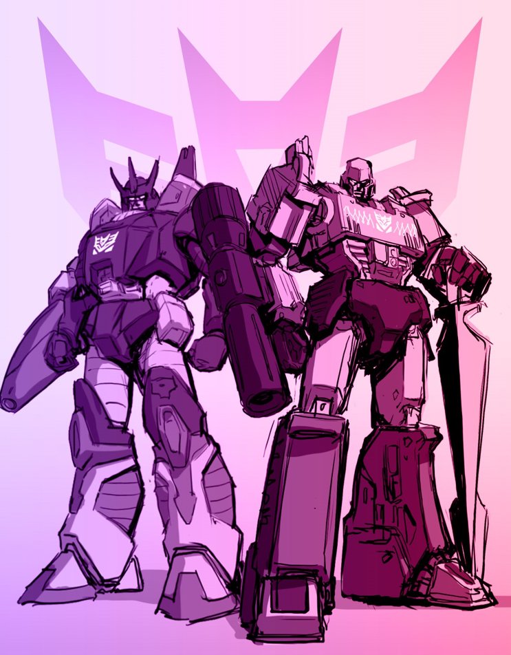 2boys arm_cannon cannon decepticon galvatron glowing holding holding_sword holding_weapon insignia limited_palette looking_at_viewer makoto_ono mecha mecha_focus megatron multiple_boys no_humans p38 robot science_fiction sword transformers transformers:_generation_1 weapon