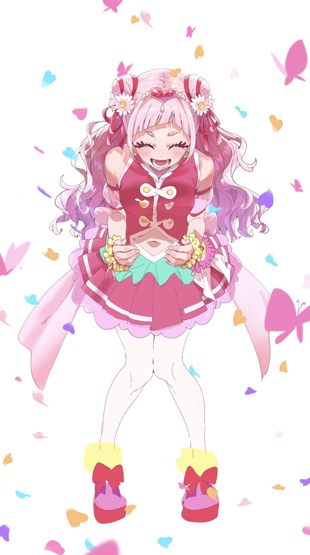 1girl back_bow bow breasts bug butterfly clover_earrings cone_hair_bun cure_yell earrings flower full_body gradient_background hair_bun hair_flower hair_ornament hair_ribbon heart heart_hair_ornament heart_pouch highres hugtto!_precure insect jewelry layered_skirt long_hair magical_girl navel nono_hana open_mouth pink_hair pink_shirt pink_skirt precure ribbon shirt skirt small_breasts smile solo thick_eyelashes thighhighs tsukuda_hayato waist_brooch white_background