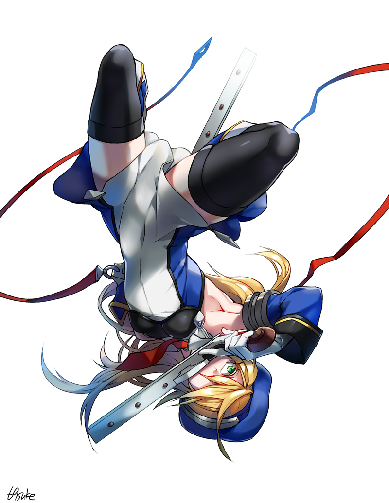 1girl arched_back armpits beret black_thighhighs blazblue blonde_hair bolverk breasts covered_navel detached_sleeves dress dual_wielding female_focus gloves green_eyes gun handgun hat holding kaneaki_mukku long_hair necktie noel_vermillion short_dress signature small_breasts solo thighhighs thighs uniform upside-down weapon white_background white_gloves
