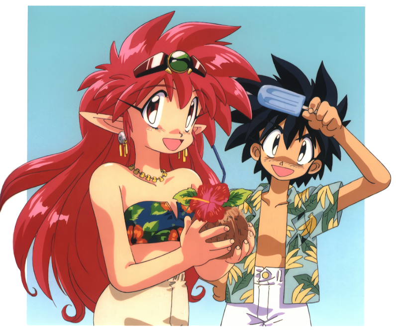 1boy 1girl arara_cocoa arm_up baba_lamune black_eyes black_hair casual coconut earrings floral_print flower food headpiece hibiscus holding holding_food jewelry long_hair looking_at_viewer necklace ng_knight_lamune_&amp;_40 non-web_source official_art open_clothes open_mouth open_shirt pointy_ears popsicle red_eyes red_hair short_hair strapless tube_top