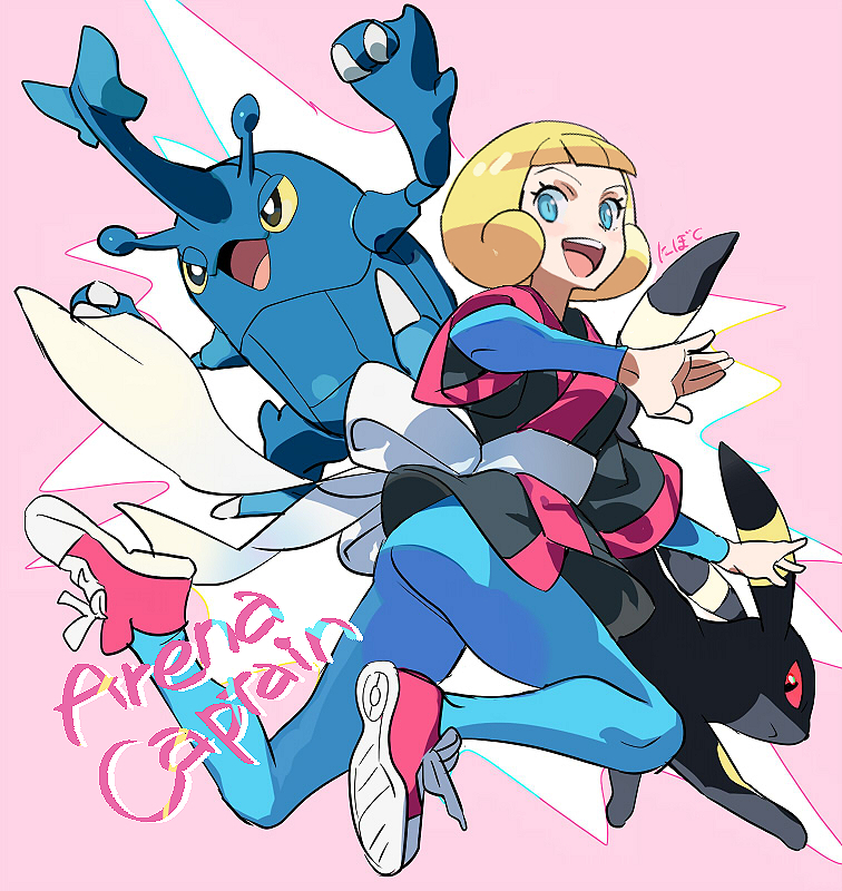 1girl :d artist_name blonde_hair blue_bodysuit blue_eyes blunt_bangs bob_cut bodysuit commentary_request dougi eyelashes frontier_brain gen_2_pokemon greta_(pokemon) heracross nibo_(att_130) nintendo open_mouth pink_shoes pokemon pokemon_(creature) pokemon_emerald pokemon_rse sash shoes short_hair short_sleeves smile sneakers teeth tongue umbreon upper_teeth_only
