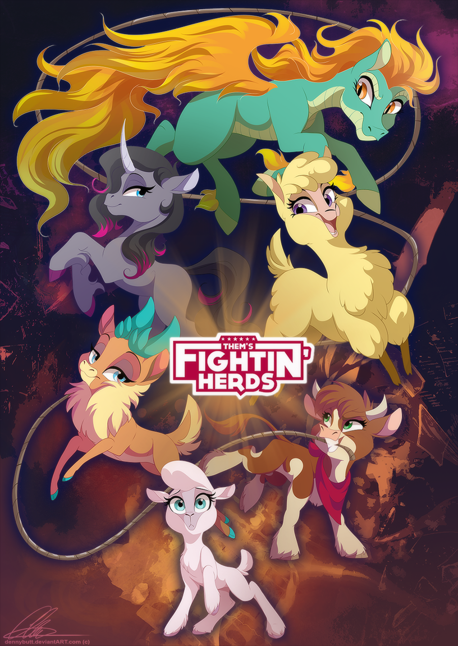 alpaca aqua_eyes arizona calves copyright_name deer dennybutt green_eyes highres lamb no_humans oleander_(them&#039;s_fighting_herds) orange_eyes paprika_(them&#039;s_fighting_herds) pom_(them&#039;s_fighting_herds) purple_eyes sheep signature them&#039;s_fighting_herds tianhuo_(them&#039;s_fighting_herds) unicorn velvet_(them&#039;s_fighting_herds) watermark web_address