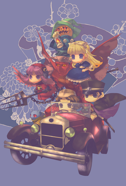 2boys 2girls alice_(megami_tensei) belial belial_(megami_tensei) blonde_hair blue_eyes blunt_bangs car cat chain chibi cloak demon demon_boy devil_summoner driving floating_hair floral_print flying hat katana kuzunoha_raidou lantern motor_vehicle multiple_boys multiple_girls muu_shuwuu_(megami_tensei) narumi_shouhei polearm prehensile_hair pumpkin pyro_jack raidou_kuzunoha_vs_the_soulless_army riding sword toramaru999 trident vehicle_focus weapon witch_hat yato_(pixiv123550)