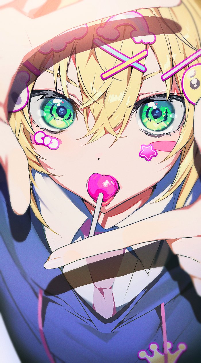 1boy blonde_hair blue_jacket blush_stickers bow_sticker cloud_hair_ornament collared_shirt finger_frame fingernails fuubuu green_eyes hair_between_eyes hair_ornament highres jacket lapels lollipop_in_mouth looking_at_viewer male_focus necktie nijisanji open_mouth rainbow_hair_ornament shirt short_hair solo star_sticker sticker_on_face tongue tongue_out upper_body uzuki_kou virtual_youtuber white_shirt x_hair_ornament