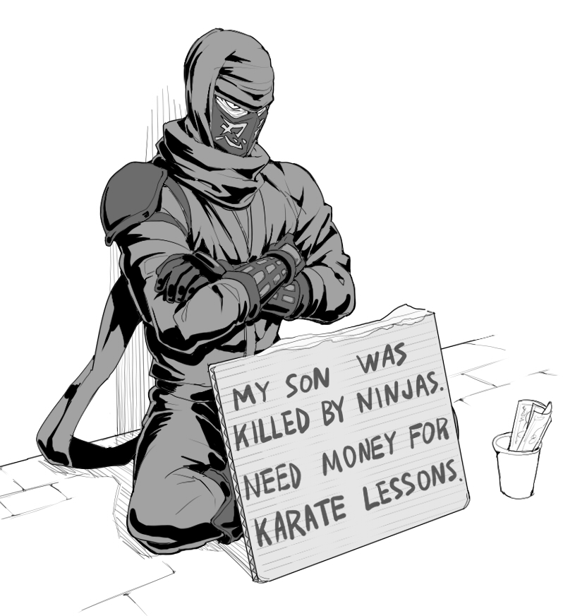 1boy begging bracer cardboard crossed_arms cup english_text fujikido_kenji greyscale indian_style mask money monochrome ninja ninja_slayer parody scarf shoulder_pads sign sitting tsurime velzhe