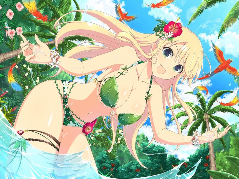 1girl animal beach beak bikini bird blonde_hair blue_sky blush bracelet breasts cleavage cloud coconut coconut_tree collarbone day floral_print flower green_bikini green_eyes hair_flower hair_ornament hibiscus jewelry jungle katsuragi_(senran_kagura) large_breasts leaf leaf_bikini long_hair looking_at_viewer macaw nature navel ocean official_art open_mouth outdoors palm_leaf palm_tree parrot pink_flower red_flower scarlet_macaw senran_kagura senran_kagura_burst senran_kagura_new_link senran_kagura_shoujo-tachi_no_shin&#039;ei sky smile solo standing swimsuit thigh_strap tree tropical water yaegashi_nan