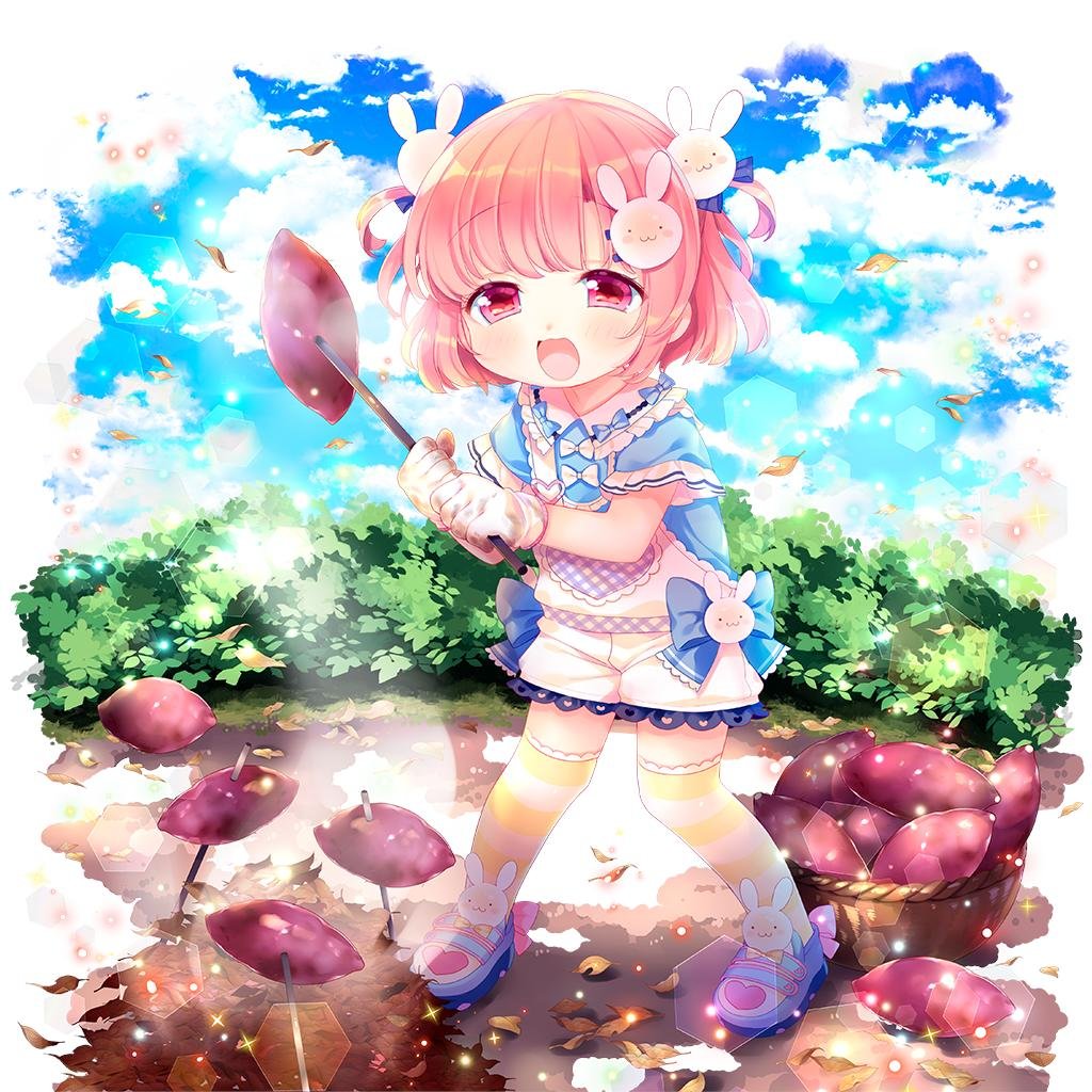 1boy aged_down blue_bow bow child crossdressing crossdressing_(mtf) food frilled_shorts frills gloves hair_ornament heart jerry_lemon male_focus moriyama_shijimi open_mouth pink_eyes pink_hair rabbit_hair_ornament rabbit_ornament roasted_sweet_potato shoes short_hair shorts solo striped_clothes striped_thighhighs sweet_potato thighhighs trap uchi_no_hime-sama_ga_ichiban_kawaii white_gloves