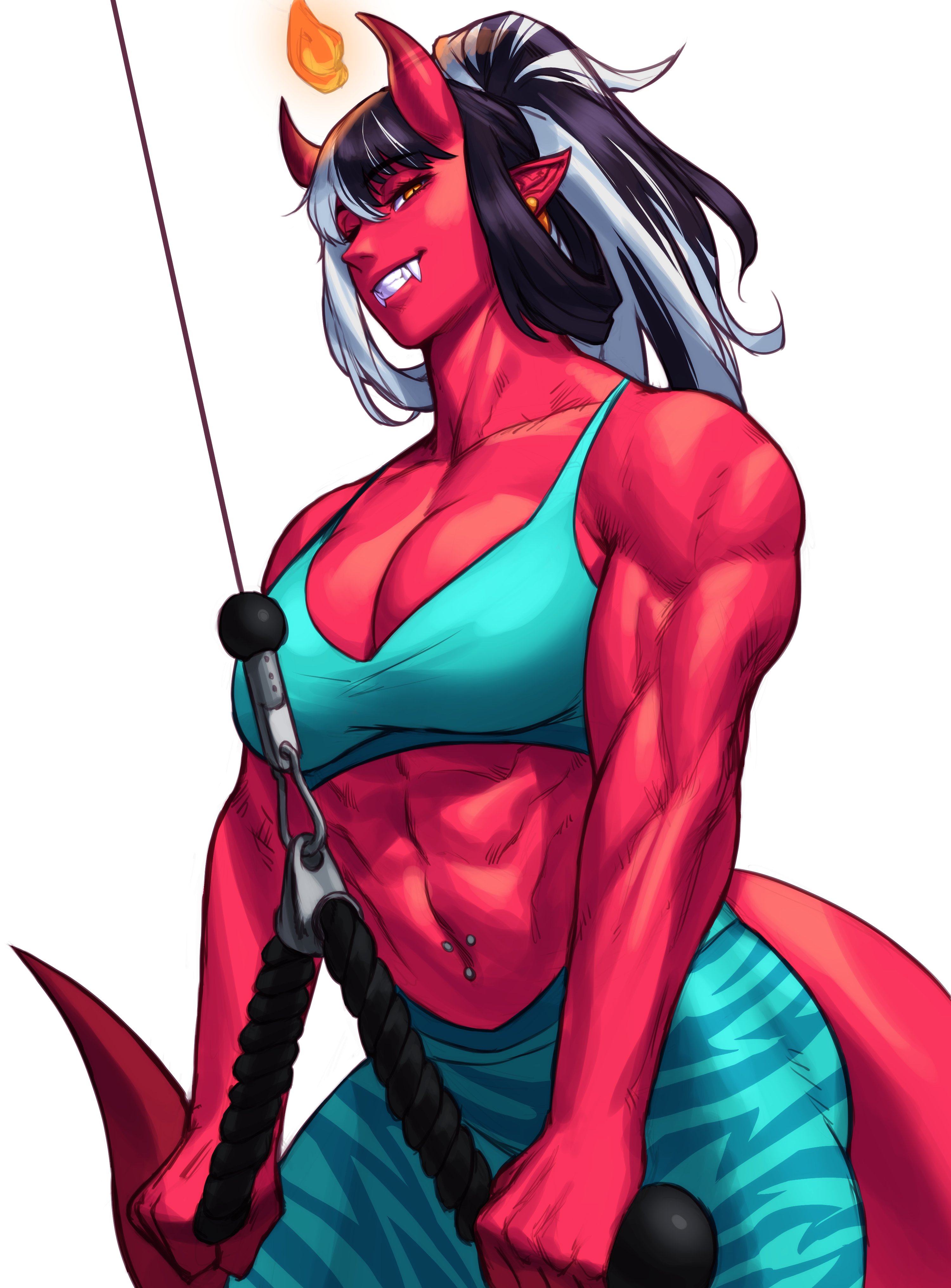 1girl abs absurdres aqua_bra aqua_leggings bare_shoulders biceps black_hair bra breasts cleavage collarbone colored_skin cowboy_shot demon_girl earrings exercising fangs fire grin hair_rings half-closed_eyes high_ponytail highres horns jewelry leggings long_hair looking_at_viewer medium_breasts midriff multicolored_hair muscular muscular_female navel navel_piercing oni oni_horns orange_eyes original piercing pointy_ears ponytail red_skin red_tail sidelocks simple_background slit_pupils smile solo sotcho sports_bra streaked_hair striped_leggings tail teeth triceps two-tone_hair underwear white_background white_hair