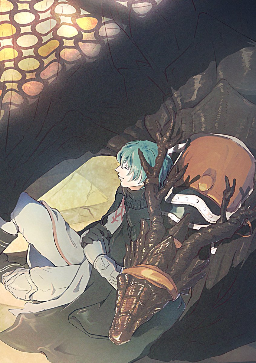 1boy armor armored_gloves black_armor black_cape black_gloves male_byleth_(fire_emblem) cape closed_mouth commentary dragon dragon_horns dragon_wings feet_out_of_frame fire_emblem fire_emblem:_three_houses from_above gloves gorget green_hair grey_pants hair_between_eyes highres horns knee_up leaning_on_animal male_focus nintendo own_hands_clasped own_hands_together pants saddle sitting sleeping solo un_faro wings wyvern